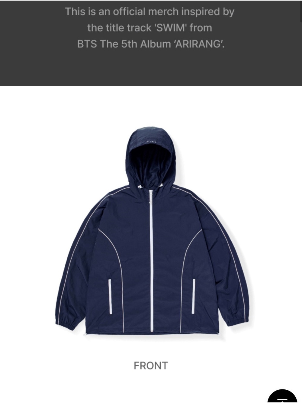 BTS Official Merch Dive XL Wind Jacket Unisex Navy Zip-Up Jacket